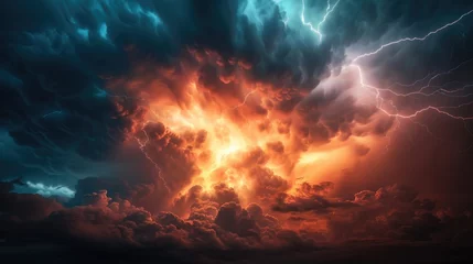  A dramatic image of a cloud filled with orange and blue lightning. Perfect for illustrating a powerful storm © Fotograf