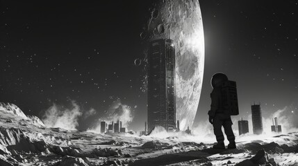 A man in a space suit stands on a snowy surface in front of a large building. The image has a futuristic and mysterious feel to it, with the man and the building appearing to be from another world