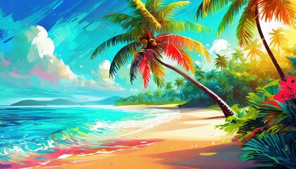 Fototapeta na wymiar A vibrant summer vacation background wallpaper featuring palm trees, sandy beaches, and azure waters, evoking the allure of a tropical getaway