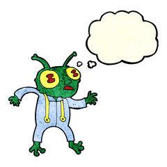 cartoon alien spaceman with thought bubble