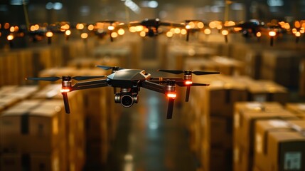 A drone is flying through a warehouse with boxes. The drone is black and has red lights on it