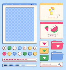 Set of Y2K summer theme retro computer windows, buttons, messages and other holiday and vacation interface elements with cheering phrases. Vector illustration.