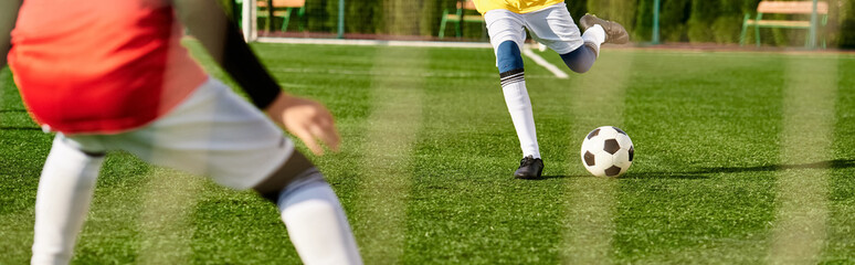A young boy, full of energy, is skillfully kicking a soccer ball on a green field. He is in...