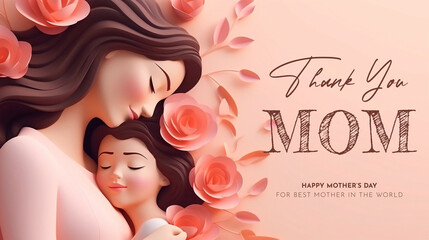 Happy Mother's Day Poster Design with Mom and Daughter Portrait - obrazy, fototapety, plakaty
