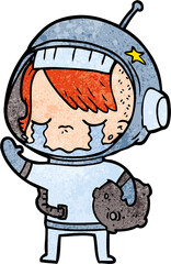 cartoon crying astronaut girl carrying rock sample
