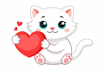 A white kitty holds a heart in her paw logo vector illustration