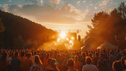 A large crowd of people are gathered at a concert, with a bright sun shining down on them. The atmosphere is lively and energetic, with everyone enjoying the music and the beautiful weather
