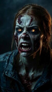 scary angry female zombie with glowing eyes on a dark and misty background