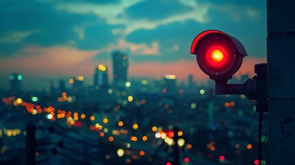 A red camera is mounted on a pole in a city. The city is lit up at night, creating a moody atmosphere - obrazy, fototapety, plakaty
