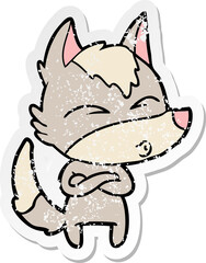 distressed sticker of a cartoon wolf whistling
