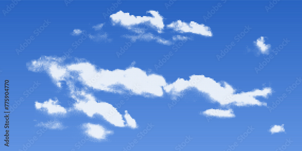 Wall mural white halftone cloud with raster texture in clear blue sky. pop art object in comic style with dot p