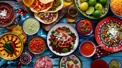 Fototapeta premium Traditional mexican food on wooden table. Top view