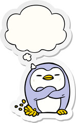 cartoon penguin tapping foot with thought bubble as a printed sticker
