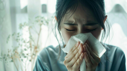 An image capturing the discomfort of a young woman afflicted with a cold, as she uses a handkerchief to blow her nose, managing her illness with care