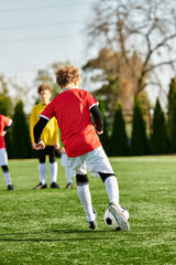 A group of energetic young men passionately playing a game of soccer on a grassy field, dribbling, passing, and shooting the ball amidst cheers and competitive spirit.