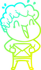 cold gradient line drawing of a cartoon happy man