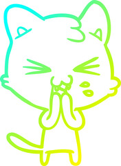 cold gradient line drawing of a cartoon cat hissing