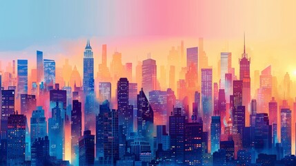 A city skyline with a sunset in the background. The sky is filled with a variety of colors, including blue, orange, and pink. The buildings are tall and spread out, creating a sense of depth and scale