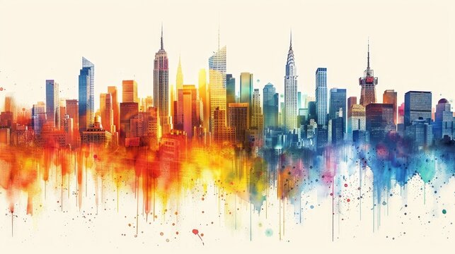 A colorful cityscape with a skyline of buildings. The colors are bright and vibrant, giving the impression of a lively and energetic city. The painting captures the essence of urban life