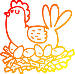 warm gradient line drawing of a cartoon chicken on nest of eggs