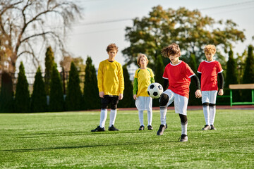 A group of spirited young boys stands proudly atop a soccer field, their eyes filled with...