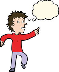 cartoon happy man pointing with thought bubble
