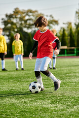 A young boy is kicking a soccer ball on a green field, showcasing his skills and passion for the sport. 