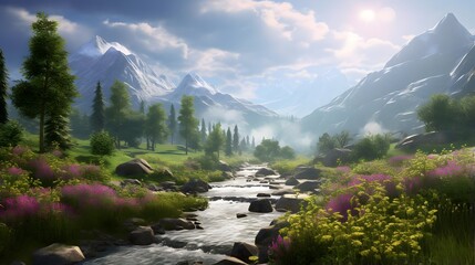 Panoramic view of a mountain river in the morning. Summer landscape.