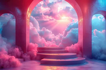 Gordijnen A surreal scene of an archway leading to the clouds, with stairs and pink smoke surrounding it. The sky is blue and there's a glowing sun in the background. Created with Ai © Creative Stock 