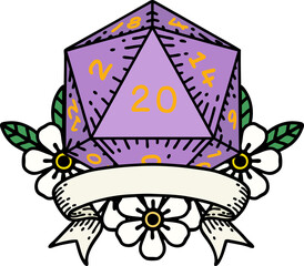 Retro Tattoo Style natural 20 critical hit D20 dice roll
