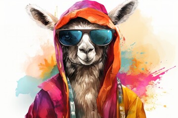 A llama with sunglasses is dressed in a vibrant, multicolored jacket. It is standing confidently, showcasing its trendy and fashionable attire