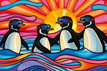 penguins with sunglasses surfing waves at sunset mural - obrazy, fototapety, plakaty