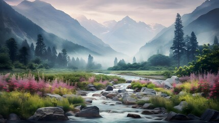 Panoramic view of a mountain river in the morning with pink flowers in the foreground