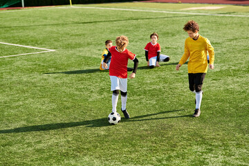 A group of young children enthusiastically playing a game of soccer, running around the field,...