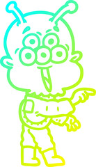 cold gradient line drawing of a happy cartoon alien