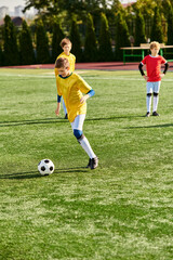 A group of young boys passionately engaged in a game of soccer, kicking the ball, running energetically across the field, and cheering each other on. 
