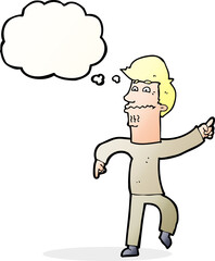 cartoon worried man pointing with thought bubble