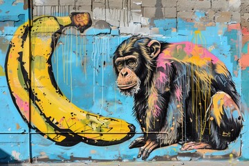 realistic chimpanzee mural with oversized banana on concrete wall