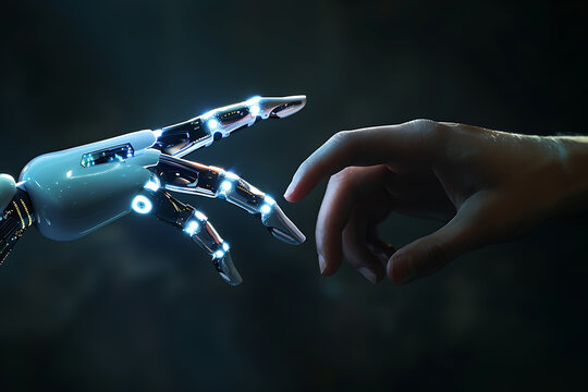 Human and robot fingers symbolizing digital transformation for the next generation technology era, ideal for innovation-themed designs and futuristic concepts.