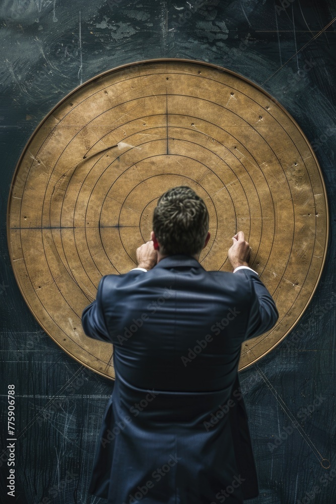 Poster A man in a suit standing in front of a target, suitable for business concepts