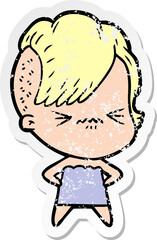 distressed sticker of a cartoon annoyed hipster girl