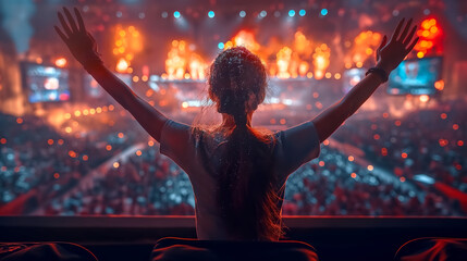 A view from behind of a girl expressing joy as an audience member in the auditorium.