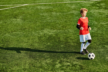 A young boy in a vibrant red shirt energetically kicks a soccer ball, displaying his passion for...