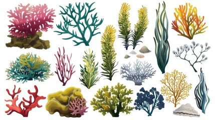 A diverse assortment of seaweed underwater. Ideal for marine biology projects