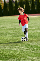 A young boy is seen confidently kicking a soccer ball on a vibrant field. He is focused and determined, displaying skill and passion for the sport.
