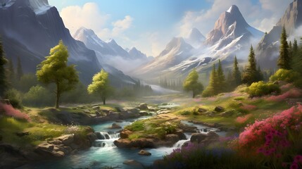 Mountain landscape panoramic view with lake, forest and flowers