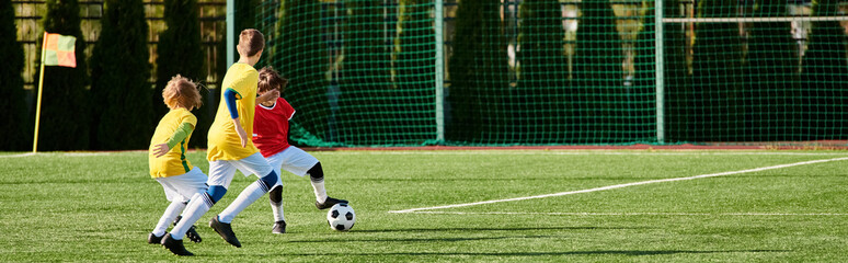 A group of young men passionately play a game of soccer, showcasing their skills, teamwork, and competitive spirit on the field. 
