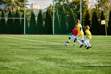 A lively group of young children play a game of soccer, running and kicking the ball across the field with beaming smiles and competitive spirit.