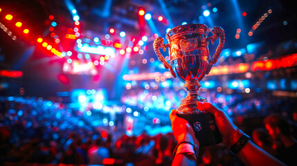 View on Hand shoew winner trophy with background e-sport contect stadium which have vibrant spotlight, - obrazy, fototapety, plakaty