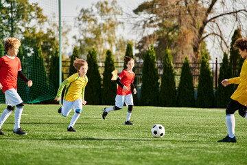 A group of energetic young boys are playing an exciting game of soccer, kicking a ball around with...